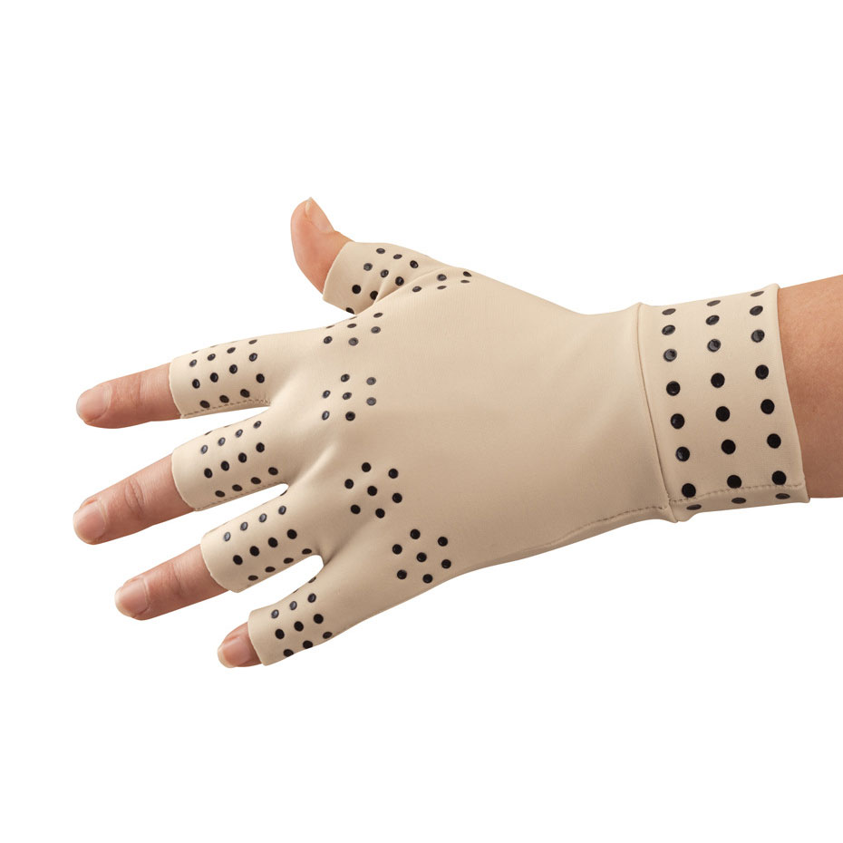 Beige compression glove with black dots for arthritis relief, shown on a hand, FashionRay
