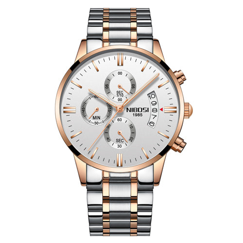Men's stainless steel chronograph wristwatch with gold accents, featured on FashionRay