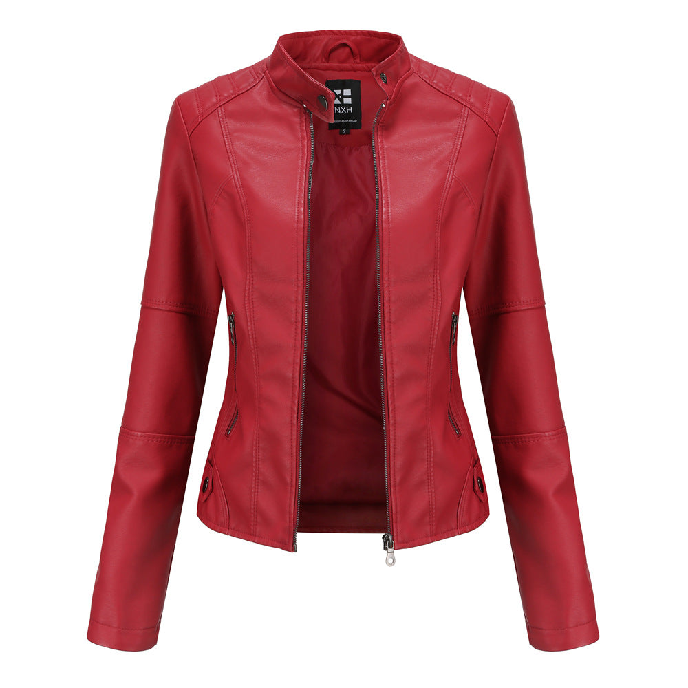 Trendy red faux leather jacket with zip pockets, stylish outerwear from FashionRay