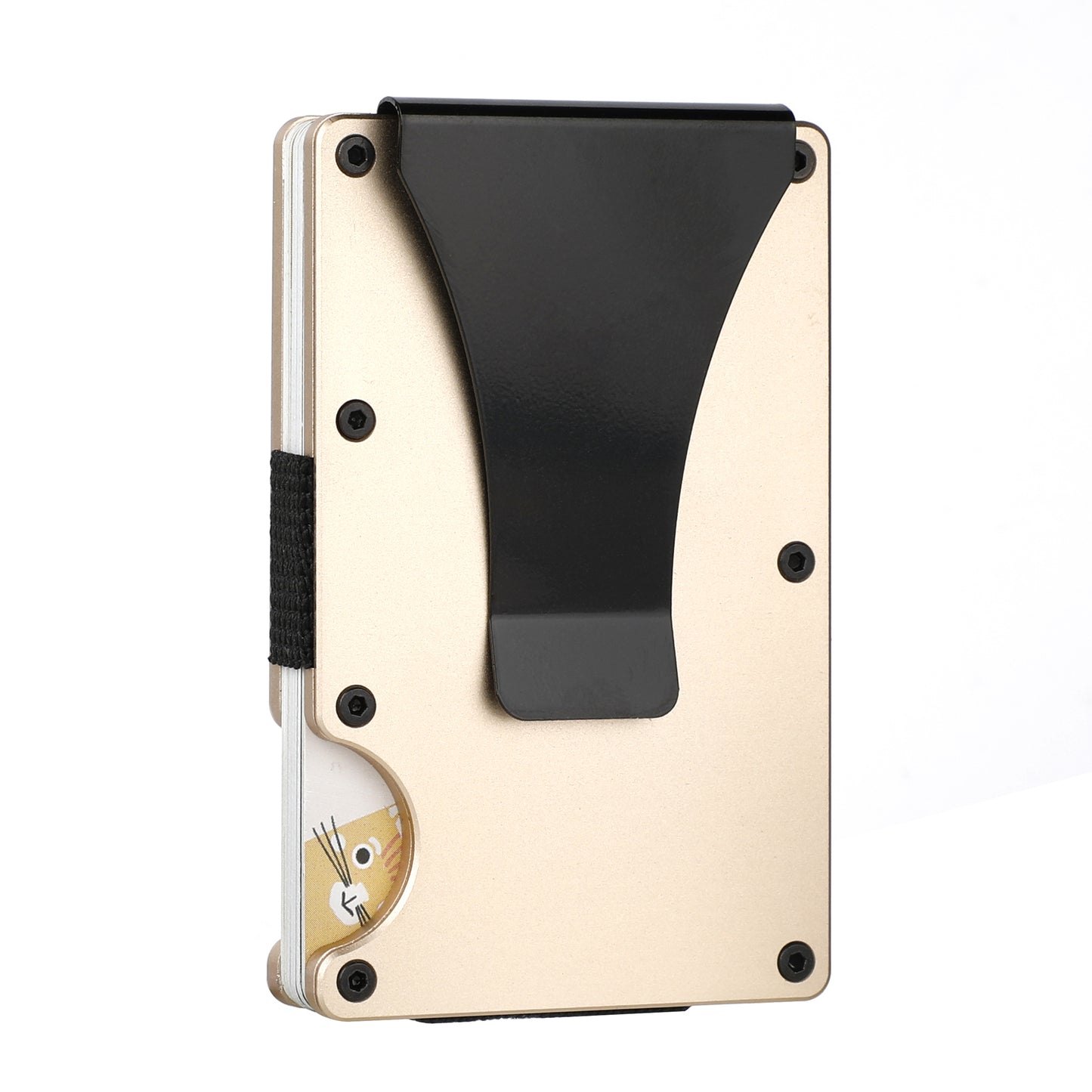 Slim gold metal wallet with black money clip and visible card, minimalist accessory by FashionRay.