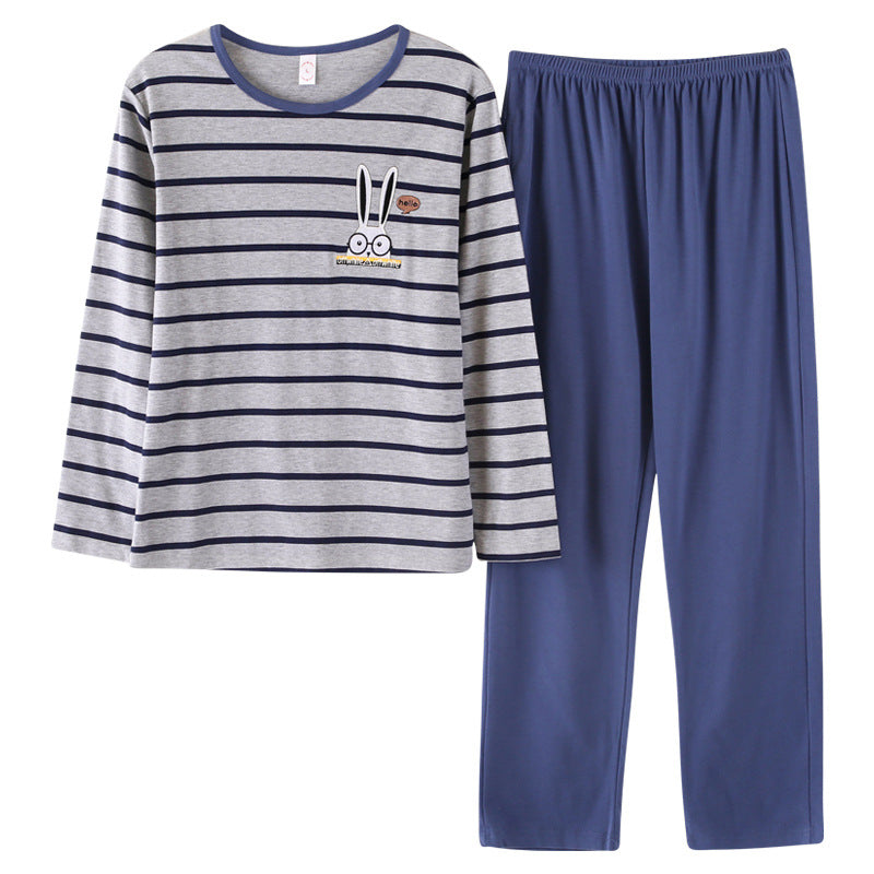 Striped gray and navy pajama set with bunny graphic, comfortable sleepwear from FashionRay.