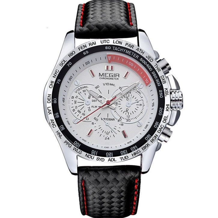Men's chronograph watch with white dial, black bezel, and textured leather strap from FashionRay