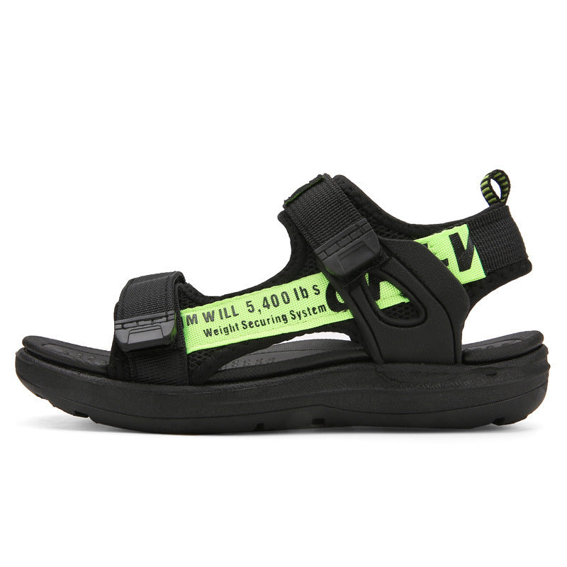 Black and neon green sporty sandal with bold strap text, FashionRay trendy footwear