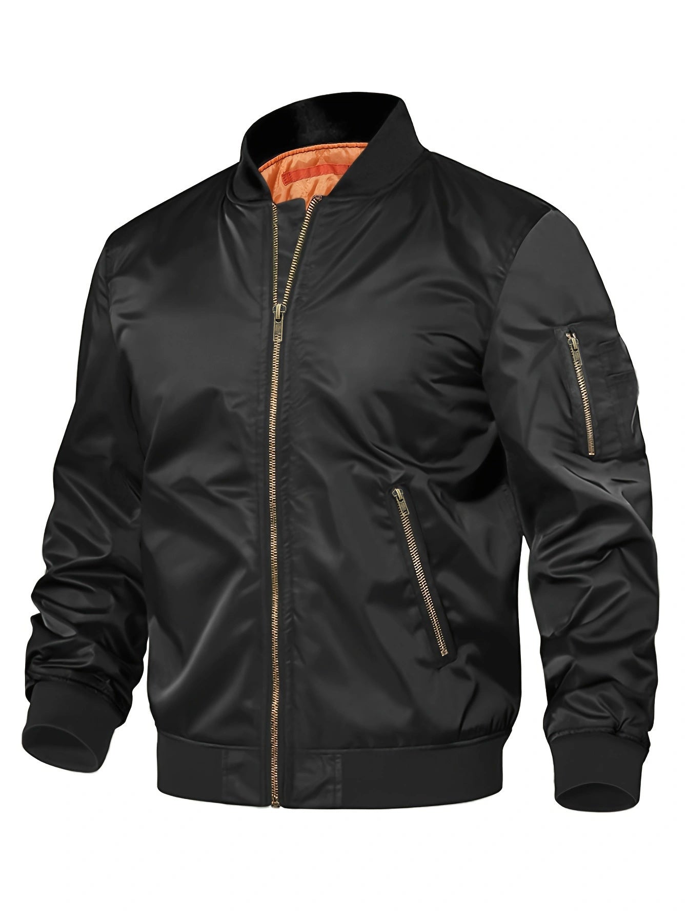 Men’s black bomber jacket with gold zippers, ribbed cuffs, and orange lining from FashionRay
