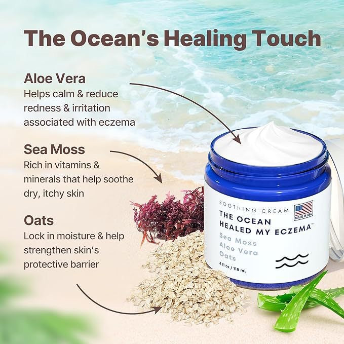 Moisturizing cream jar with sea moss, oats, and aloe vera on a beach, eczema relief skincare