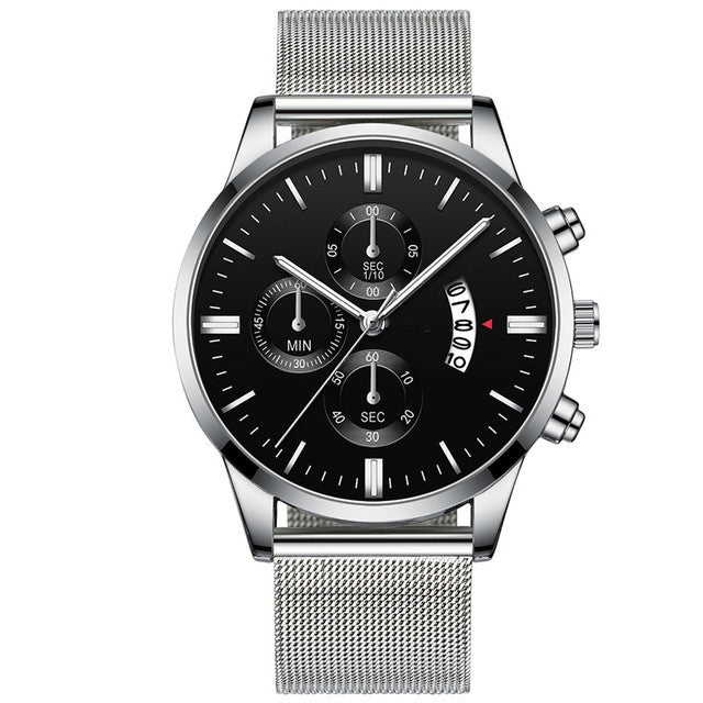 FashionRay silver mesh band chronograph watch with black dial and three subdials