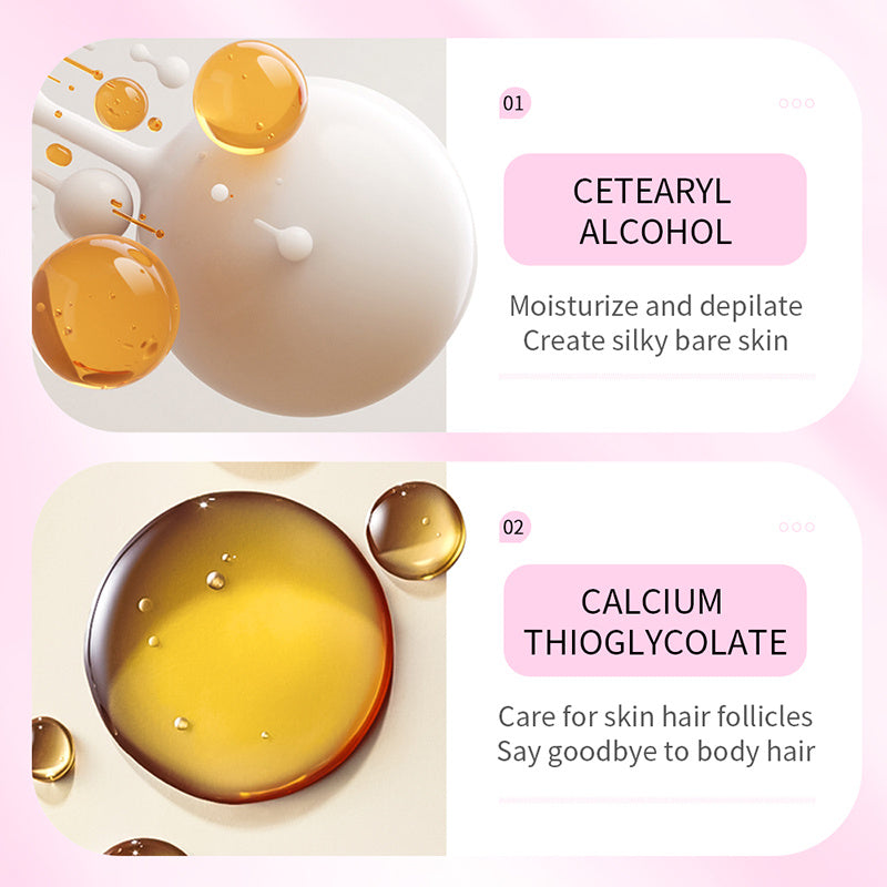 Cetearyl alcohol and calcium thioglycolate skincare ingredients infographic for silky, hair-free skin, FashionRay style.