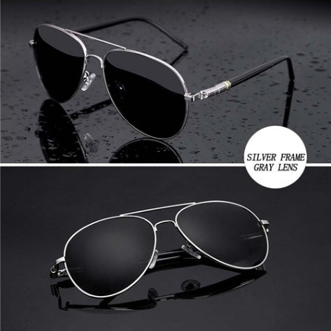 FashionRay aviator sunglasses with silver frame and gray lenses on black reflective surface