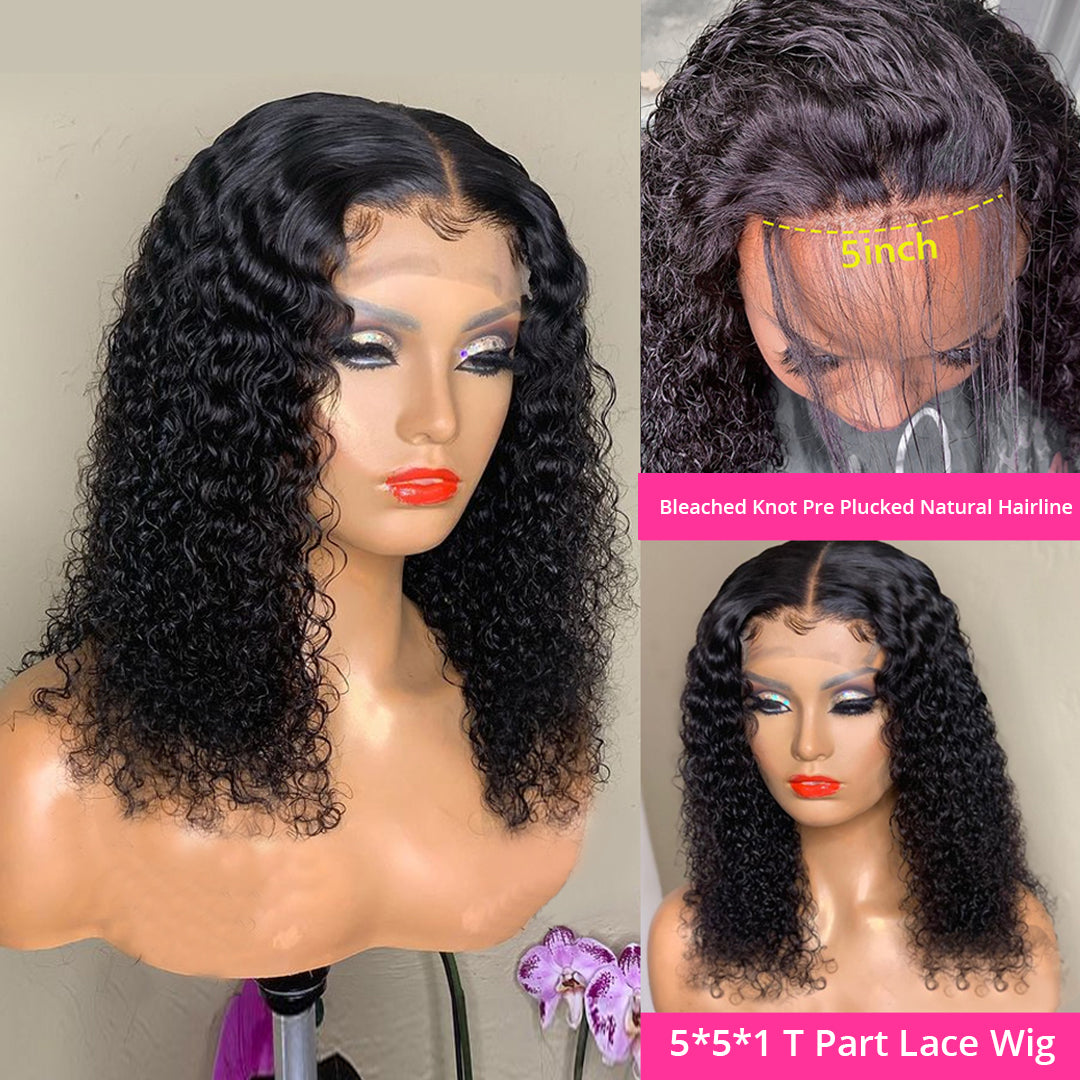 Curly 5x5x1 T part lace wig with pre-plucked bleached knots on mannequin, FashionRay hairpiece