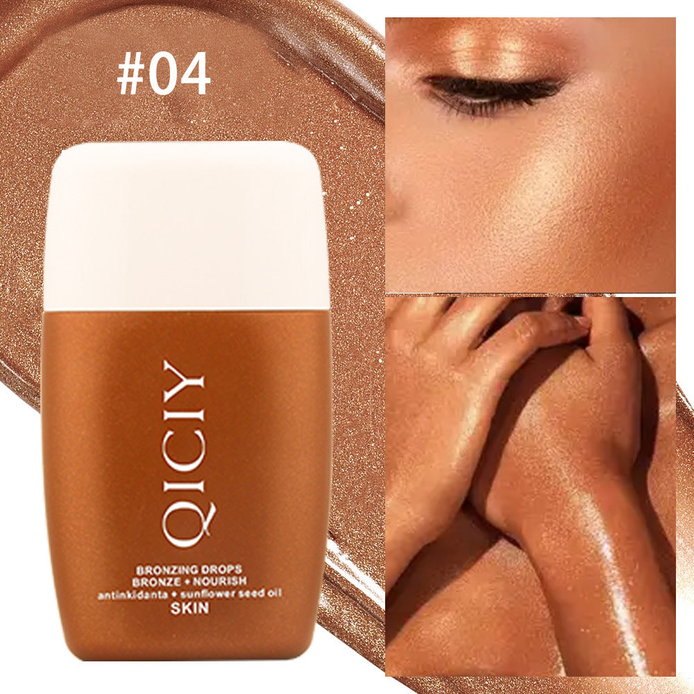 QICIY bronzing drops bottle with bronze shimmer, swatches on skin, nourishing formula