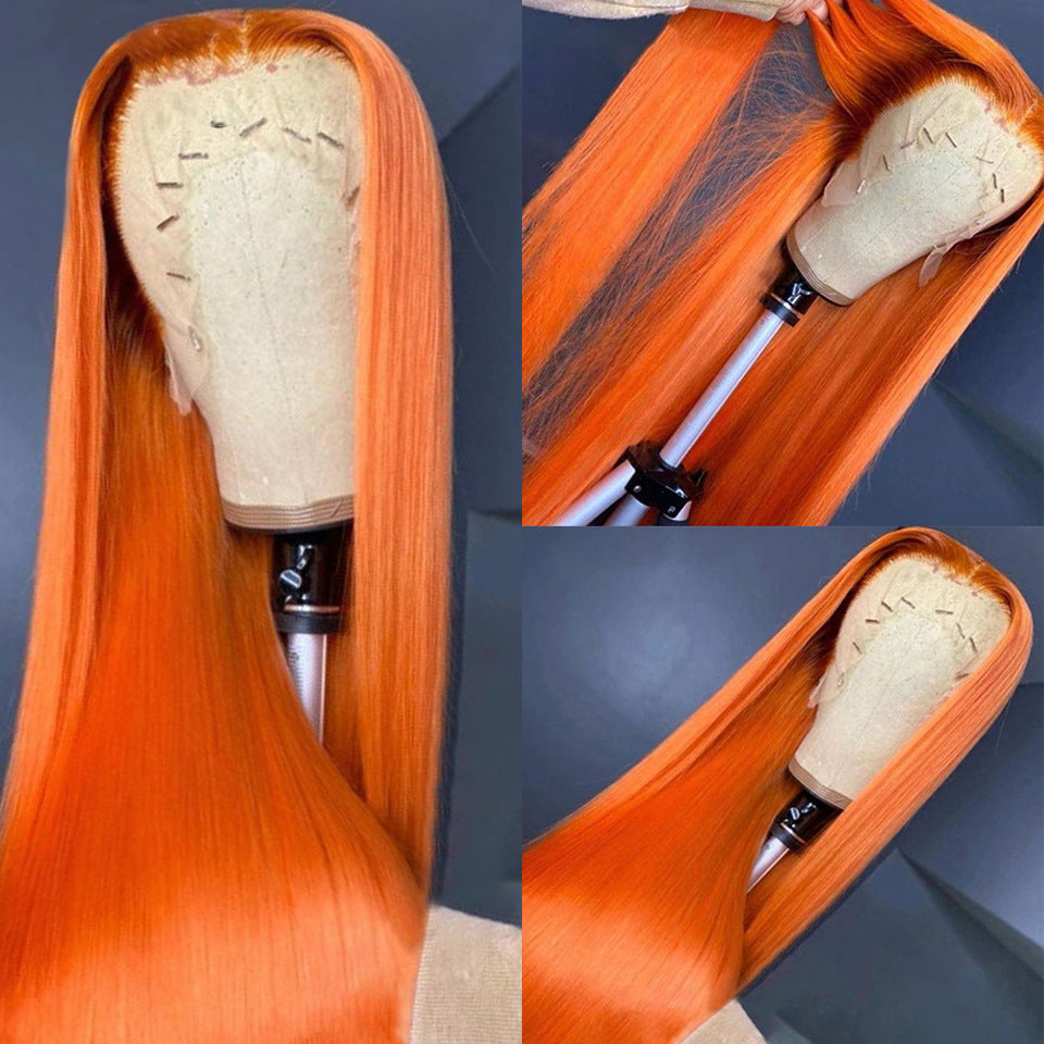 Bright orange straight wig on mannequin head, sleek and smooth, FashionRay hair styling