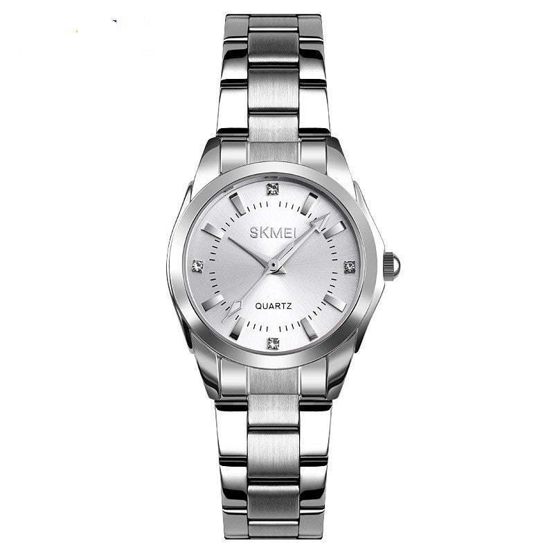 SKMEI silver stainless steel quartz wristwatch with minimalist dial and crystal markers