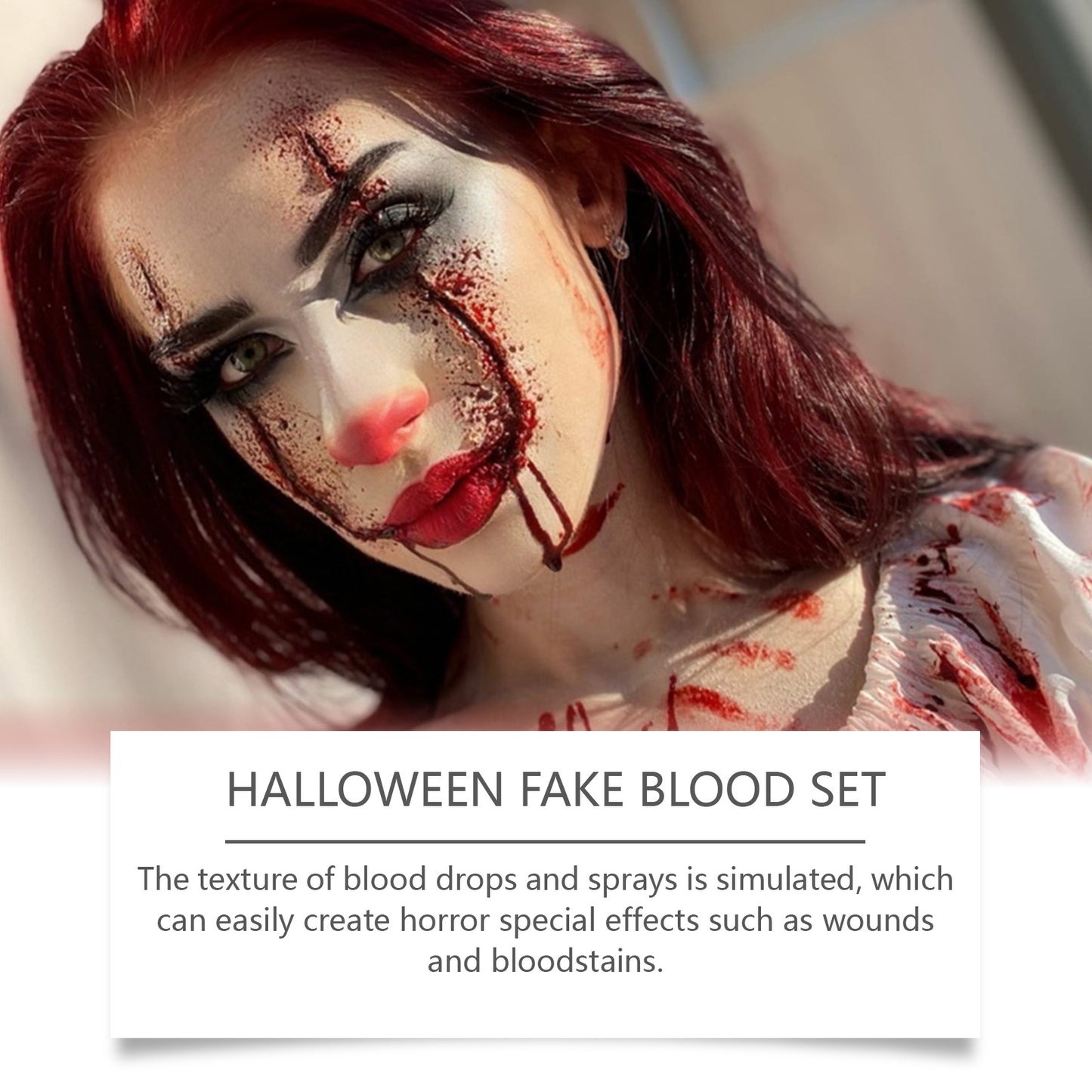 Woman with red hair in dramatic Halloween fake blood makeup and white blouse for FashionRay horror special effects.