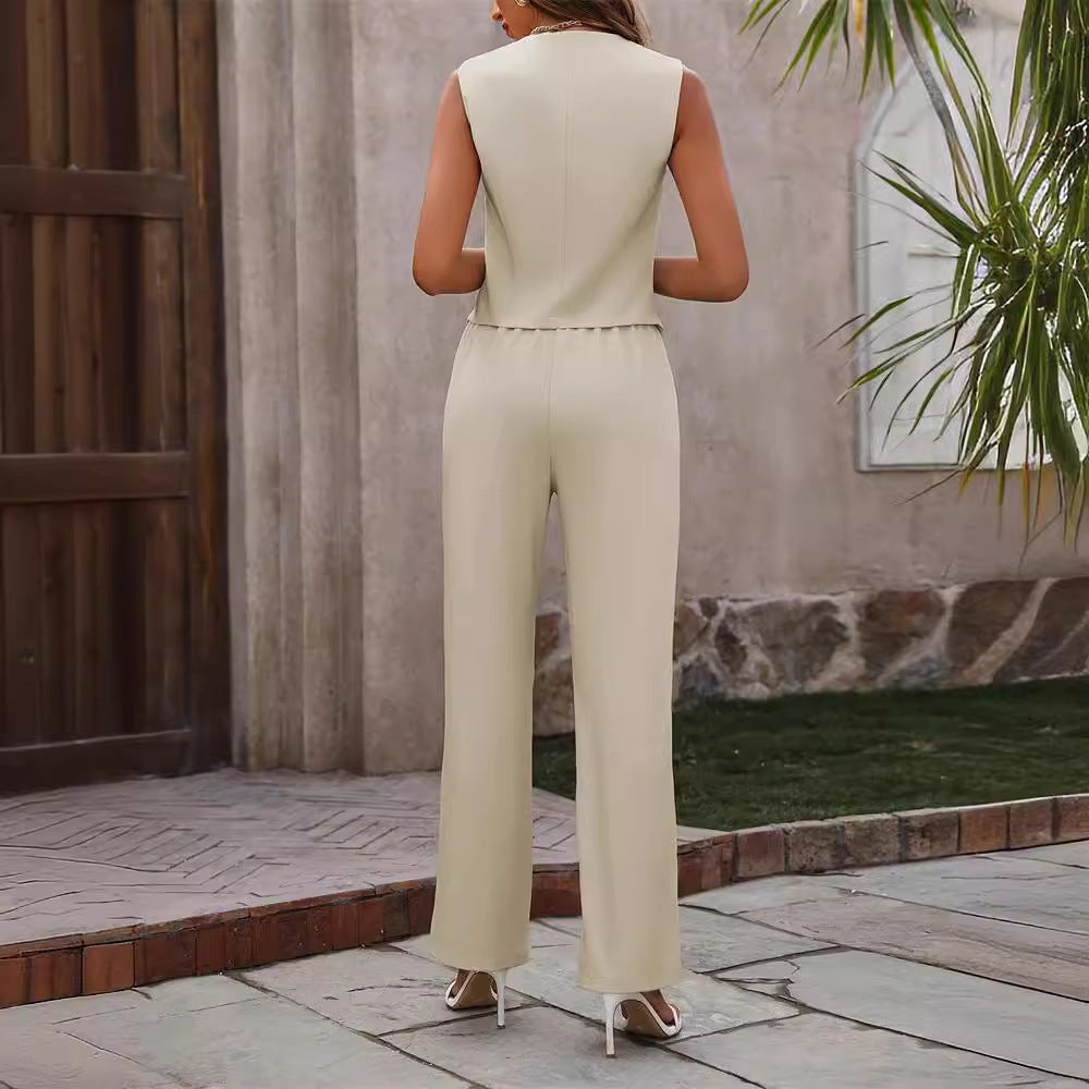 Woman in sleeveless beige jumpsuit and heels outdoors, FashionRay chic trendy look