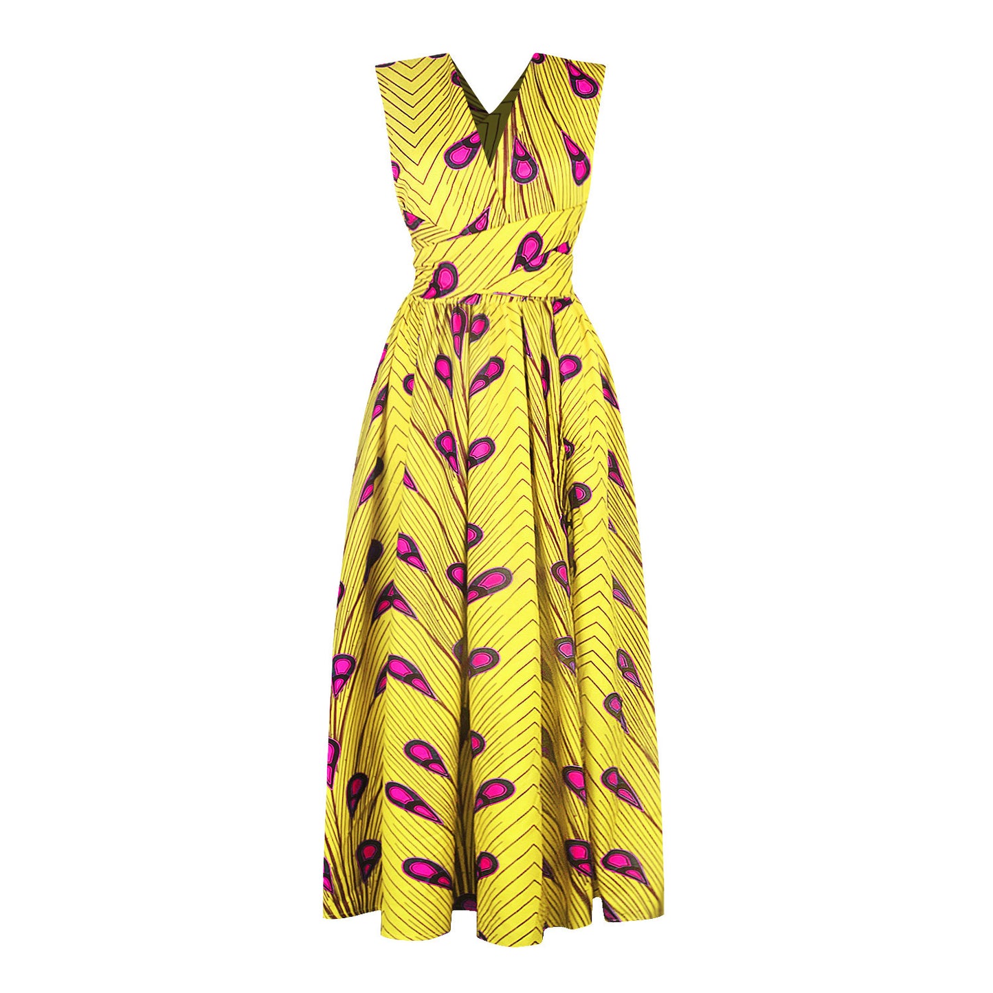 Yellow sleeveless maxi dress with bold pink and brown geometric pattern, FashionRay style