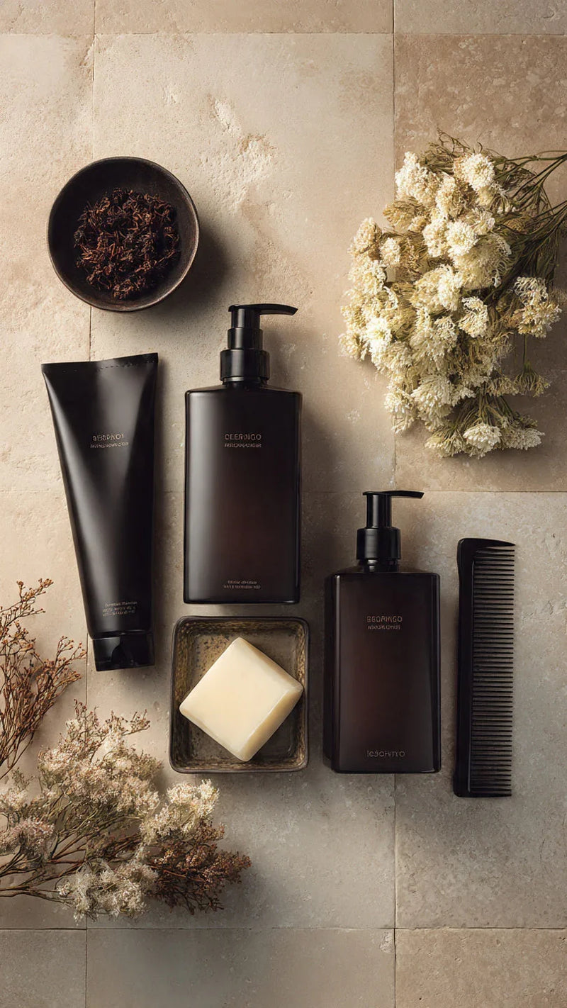 Minimalist flat lay with black shampoo bottles, soap bar, comb, dried flowers on beige tile