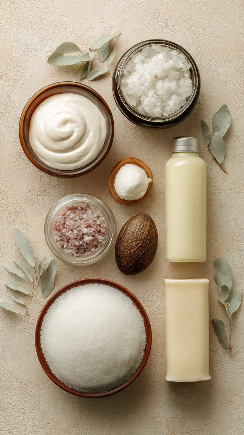 Assorted natural skincare products, sea salt, and cream on a beige background, FashionRay style.