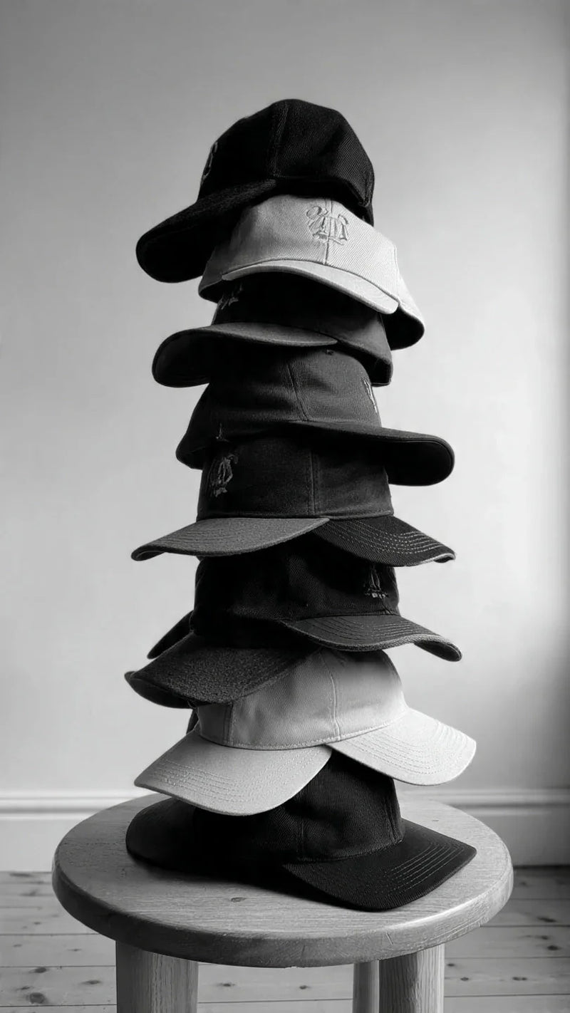 Stack of black and beige embroidered caps on a wooden stool, minimalist style, FashionRay