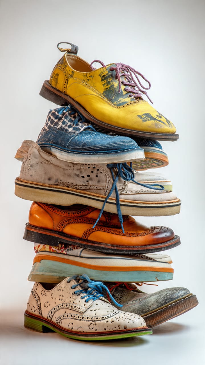 Brown brogue oxford shoes with blue striped socks and navy trousers, street style fashion