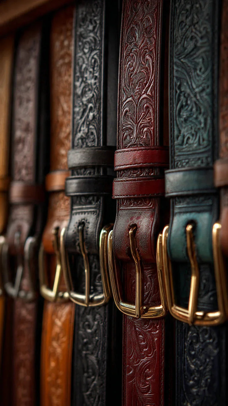 Assorted embossed leather belts with gold buckles from FashionRay, stylish for men and women