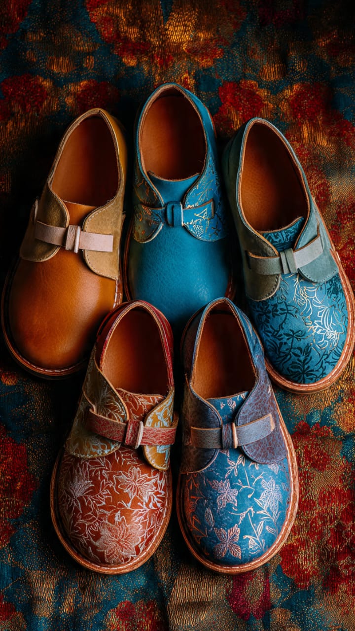 Child in denim skirt, blue knee-high socks, and black shoes sitting on wooden stool, FashionRay style