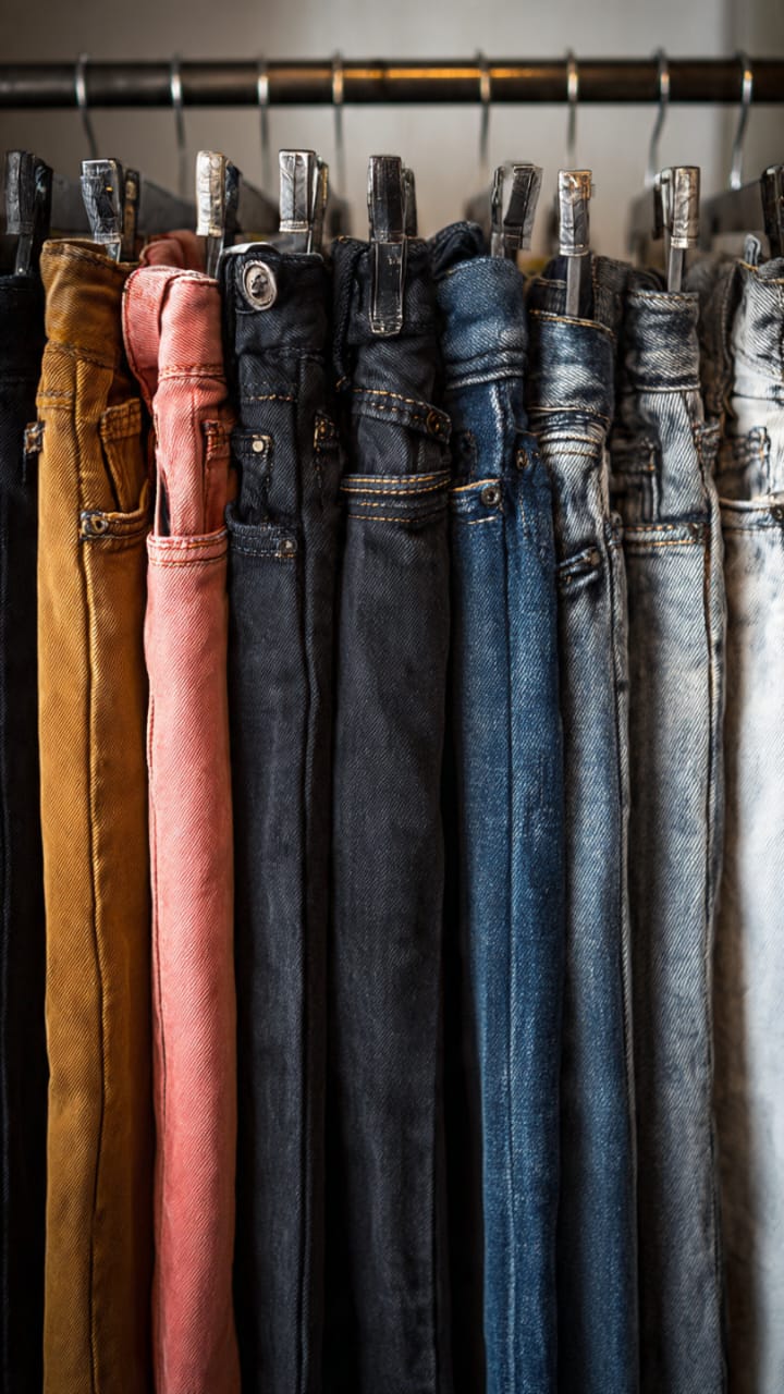 Flat lay of women's rust trousers with belt, white top, floral shoes, and sunglasses from FashionRay