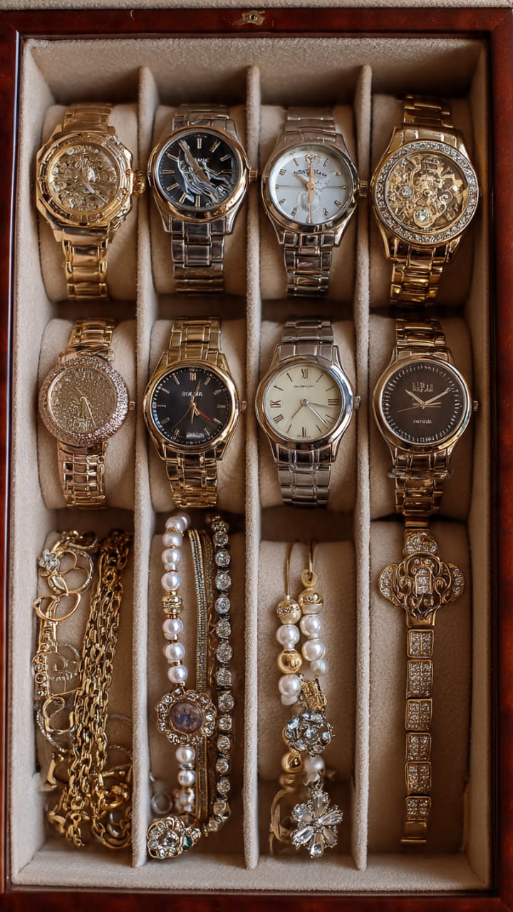 Close-up of women's watches with leather straps in a display box at FashionRay