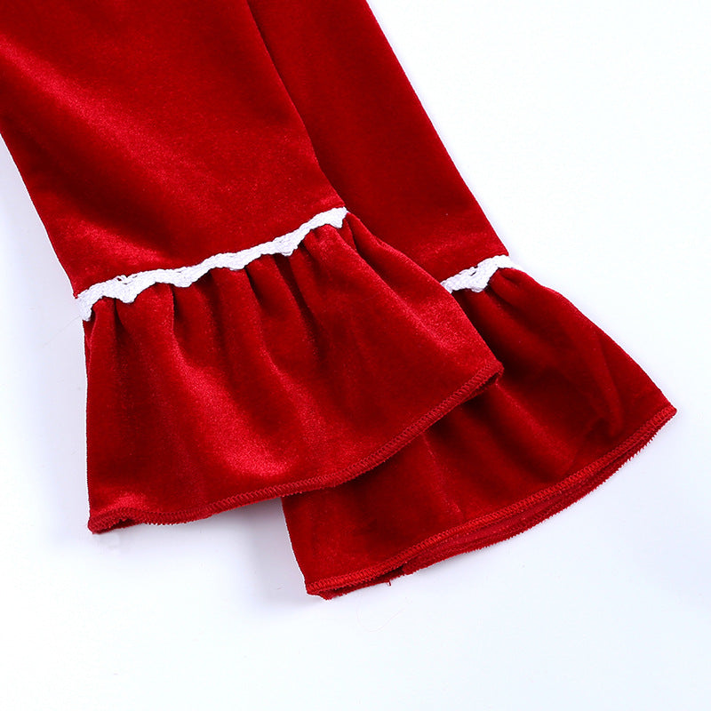 Red velvet ruffle sleeve detail with white trim, FashionRay trendy blouse closeup