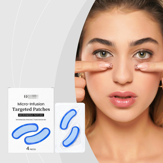 Woman touching under eyes next to FashionRay micro-infusion targeted under eye patches