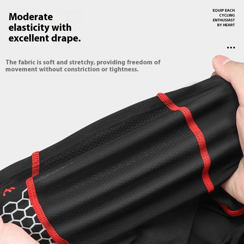 Close-up of stretchy black athletic fabric with red seams, highlighting comfort and flexibility, FashionRay.