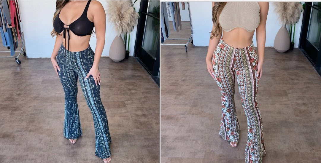FashionRay trendy women’s flare pants in two patterned styles, modeled indoors for chic comfort.