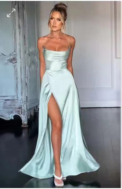 Summer Sexy Slimming Backless Strap Long Split Dress Women's Fashion High Waist Belted Gown V-neck