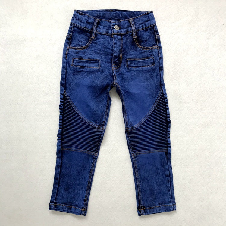 Trendy kids' blue denim jeans with ribbed knee panels, FashionRay style on white background