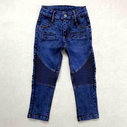 Trendy kids' blue denim jeans with ribbed knee panels, FashionRay style on white background