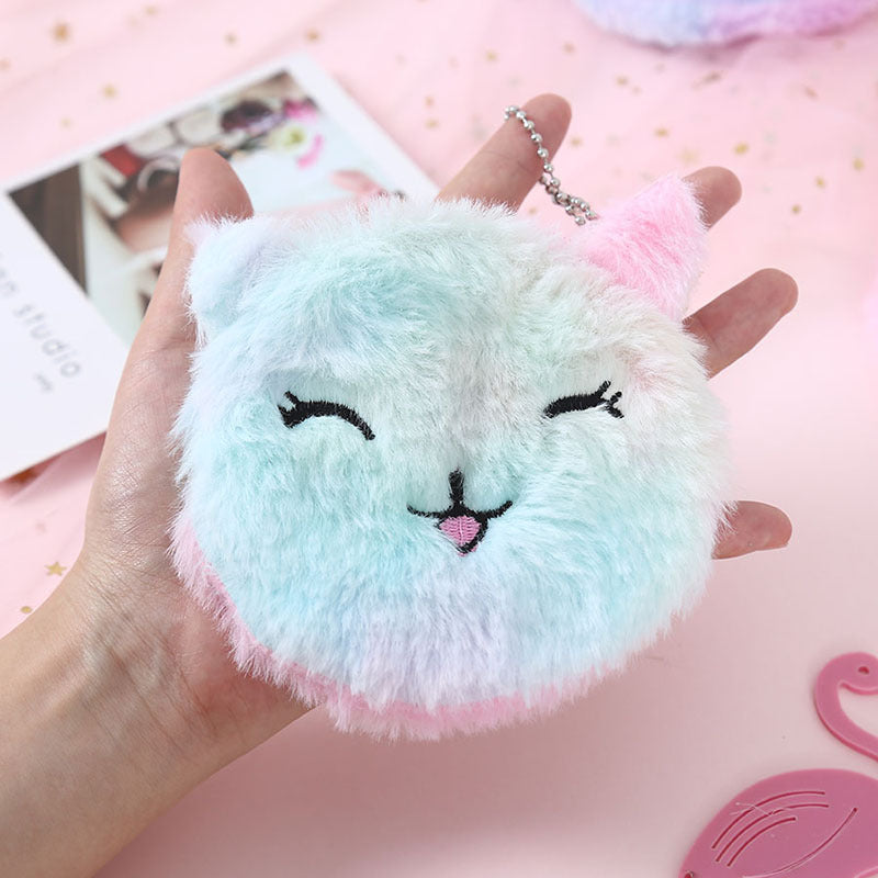 Hand holding a pastel furry cat keychain purse, cute plush accessory by FashionRay