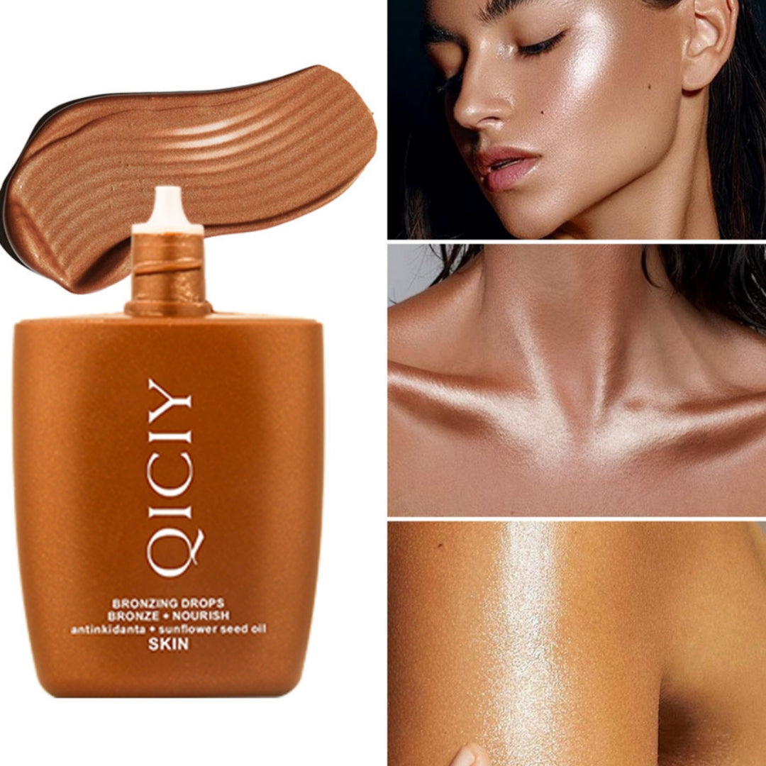 QICIY bronzing drops bottle and swatch with radiant skin on face, collarbone, and arm, FashionRay beauty product.