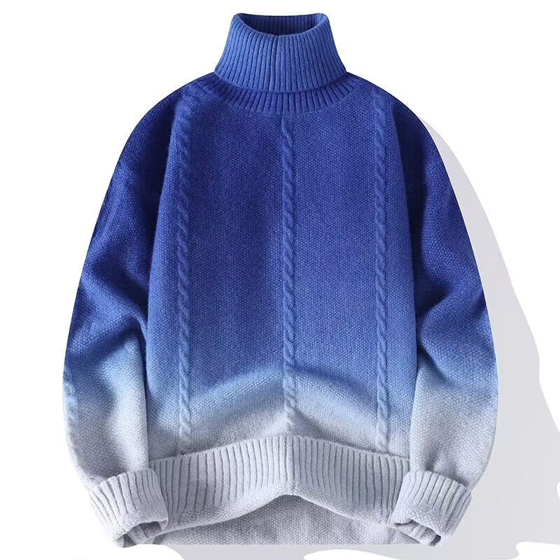 Blue gradient cable knit sweater with turtleneck, cozy fashion from FashionRay