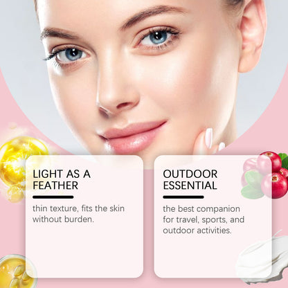 FashionRay skincare model with glowing skin, highlighting lightweight texture and outdoor essentials