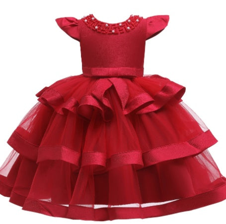 FashionRay elegant red girls' party dress with layered ruffles and beaded neckline