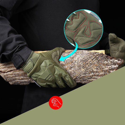 Man wearing green tactical gloves holding a log, durability and grip detail highlighted