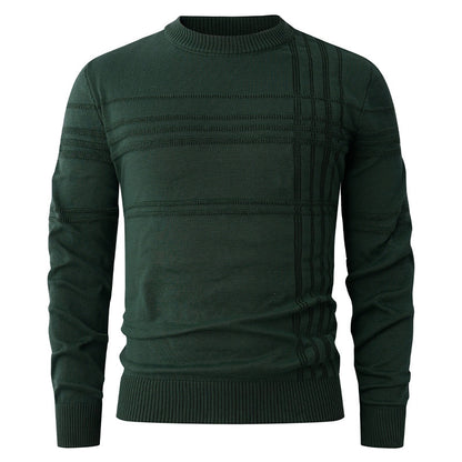 Dark green knit crewneck sweater with textured stripe detail, FashionRay trendy casual wear