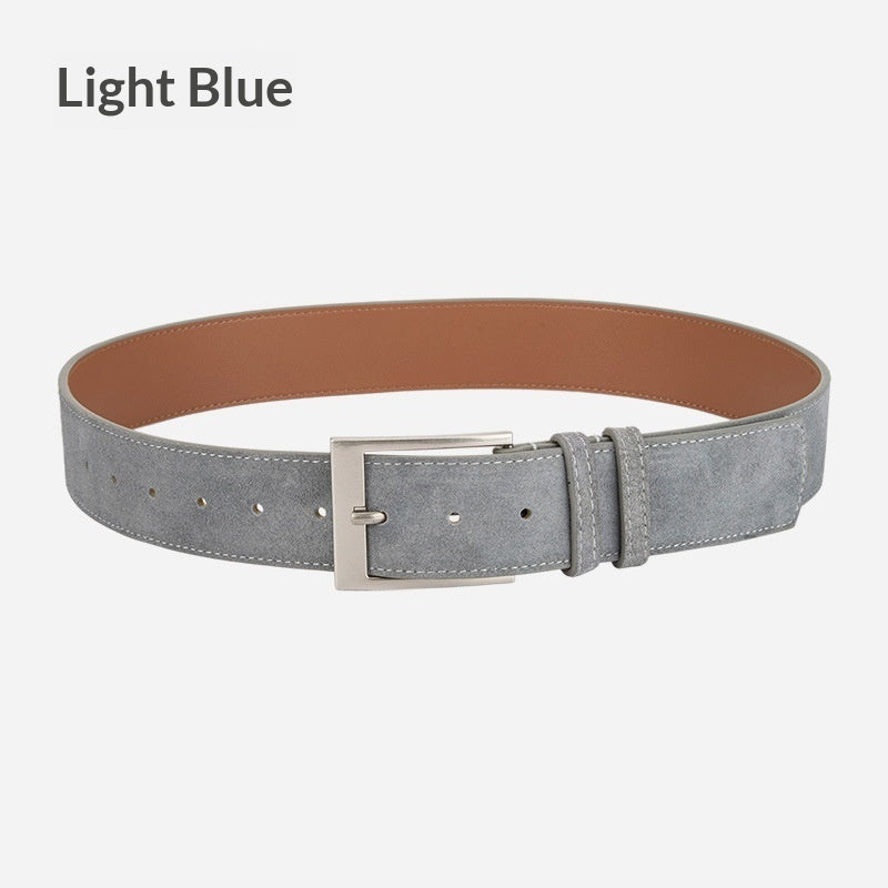 FashionRay light blue suede belt with silver buckle on white background