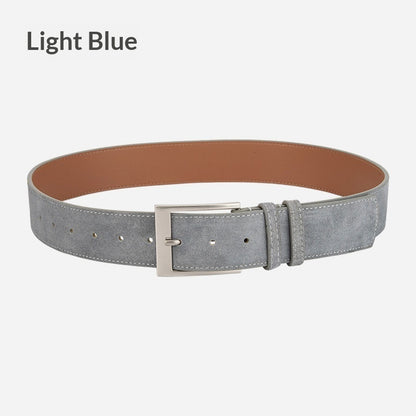 FashionRay light blue suede belt with silver buckle on white background
