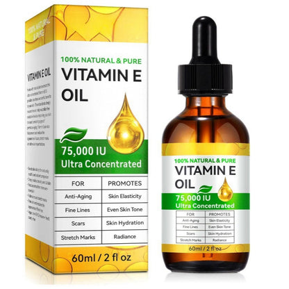 Vitamin E oil 75,000 IU ultra concentrated 60ml bottle and packaging, skincare product