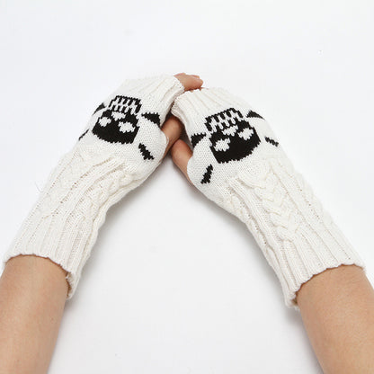 White knit fingerless gloves with black skull pattern, FashionRay trendy accessory
