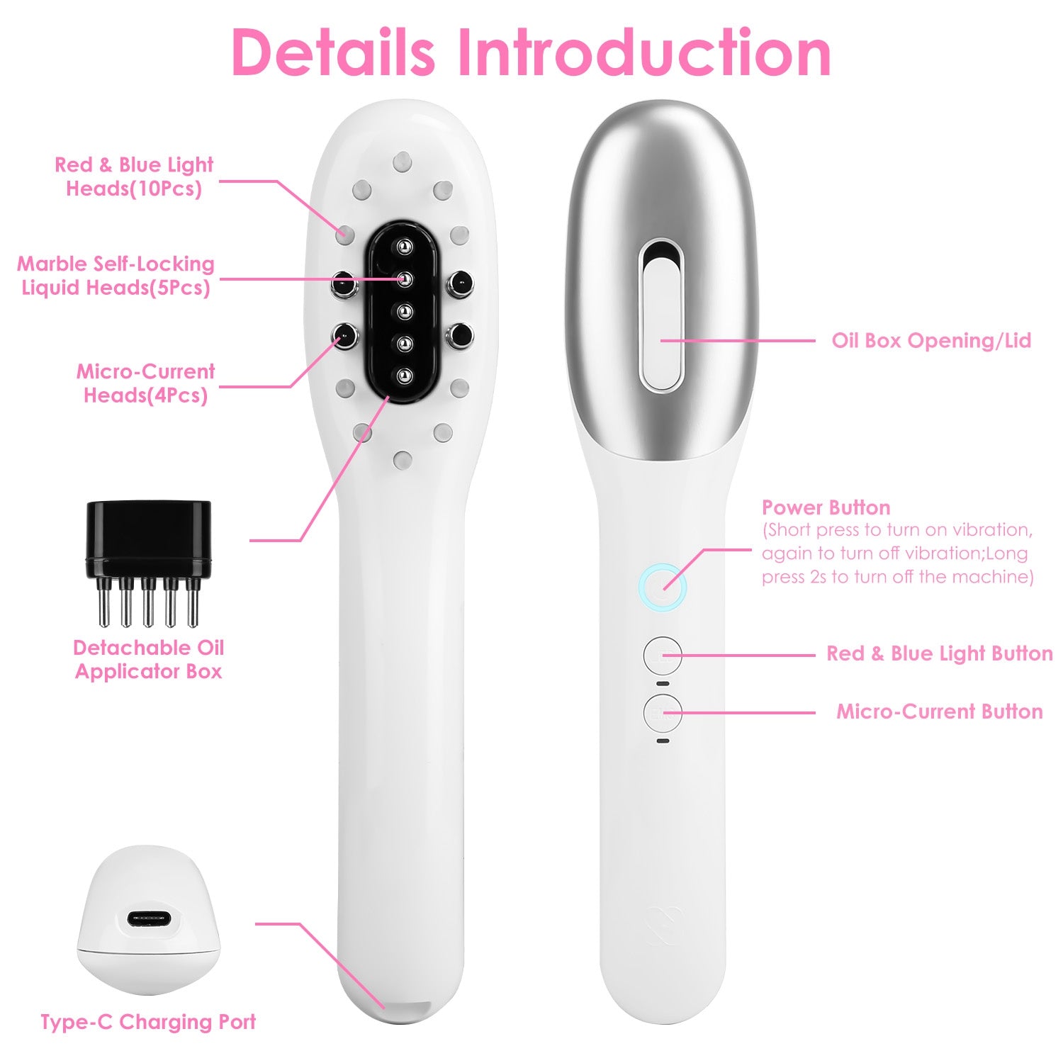 White handheld skincare device with labeled features, including red and blue light heads, micro-current heads, detachable oil applicator, and Type-C charging port on a FashionRay background.