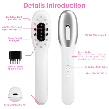 White handheld skincare device with labeled features, including red and blue light heads, micro-current heads, detachable oil applicator, and Type-C charging port on a FashionRay background.