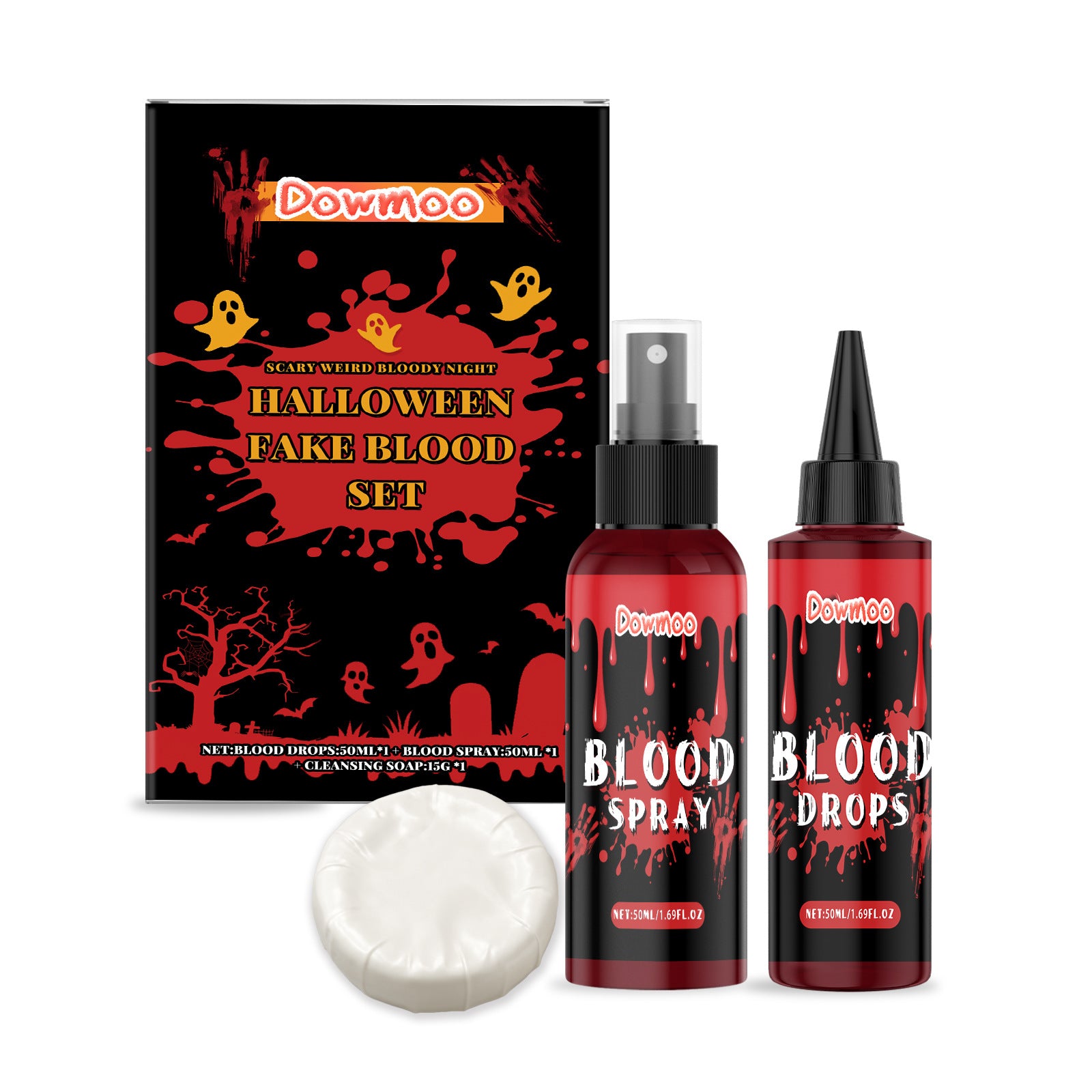 Dowmoo Halloween fake blood set with spray, drops, cleansing soap on black spooky packaging