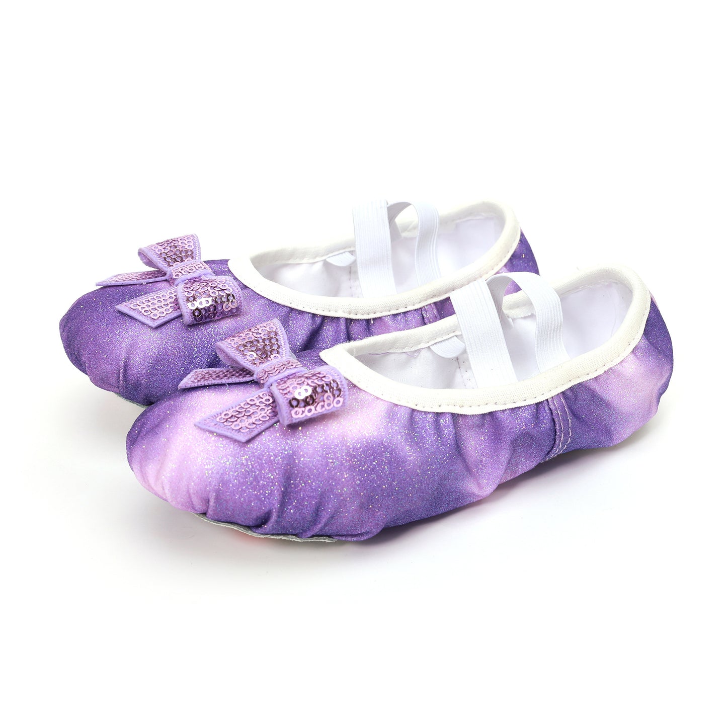 Purple sparkly ballet flats with sequin bows, FashionRay kids dance shoes on white background