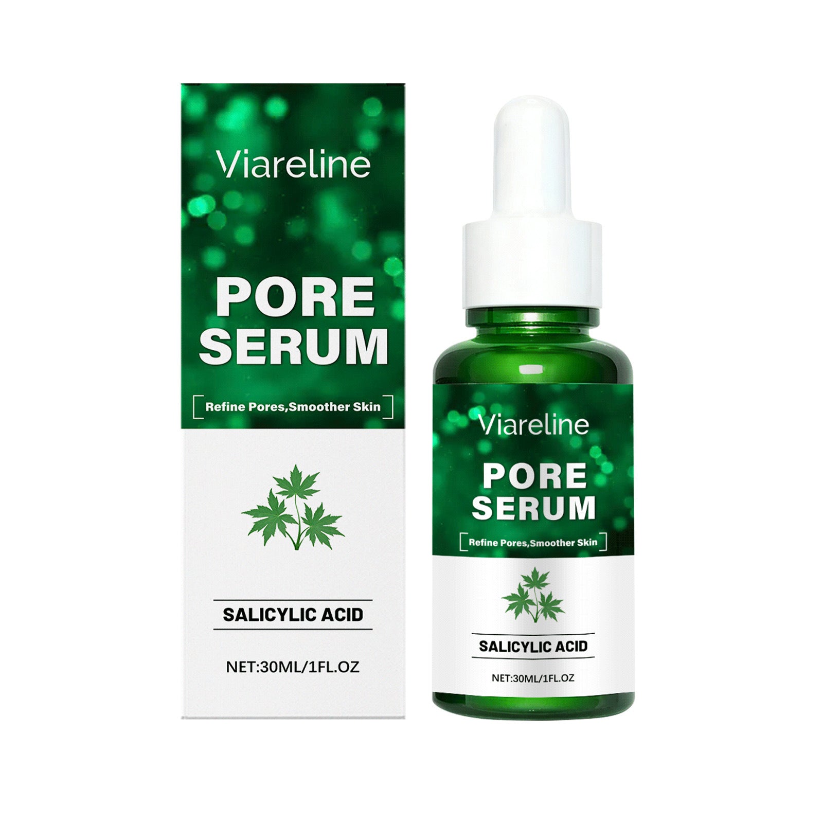 Viareline Pore Serum with salicylic acid 30ml, green bottle and box, FashionRay skincare